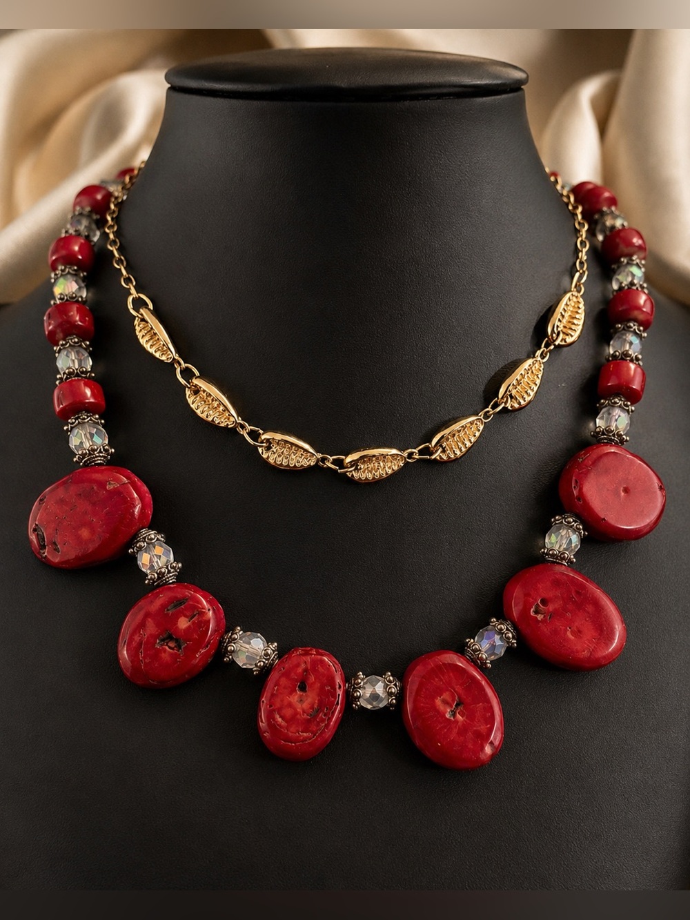 🪸 Red Coral Statement Necklace Aurora Borealis Glass AB Beads Boho Vintage